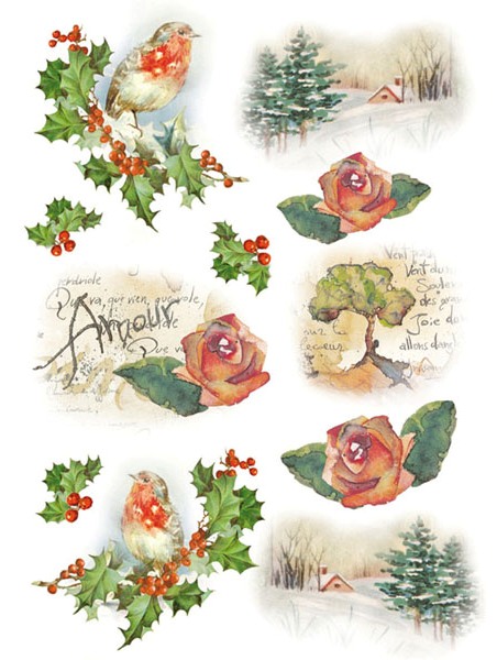 Новогодняя рисовая бумага для декупажа Stamperia DFSA4147 Зимние пейзажи, птицы и розы